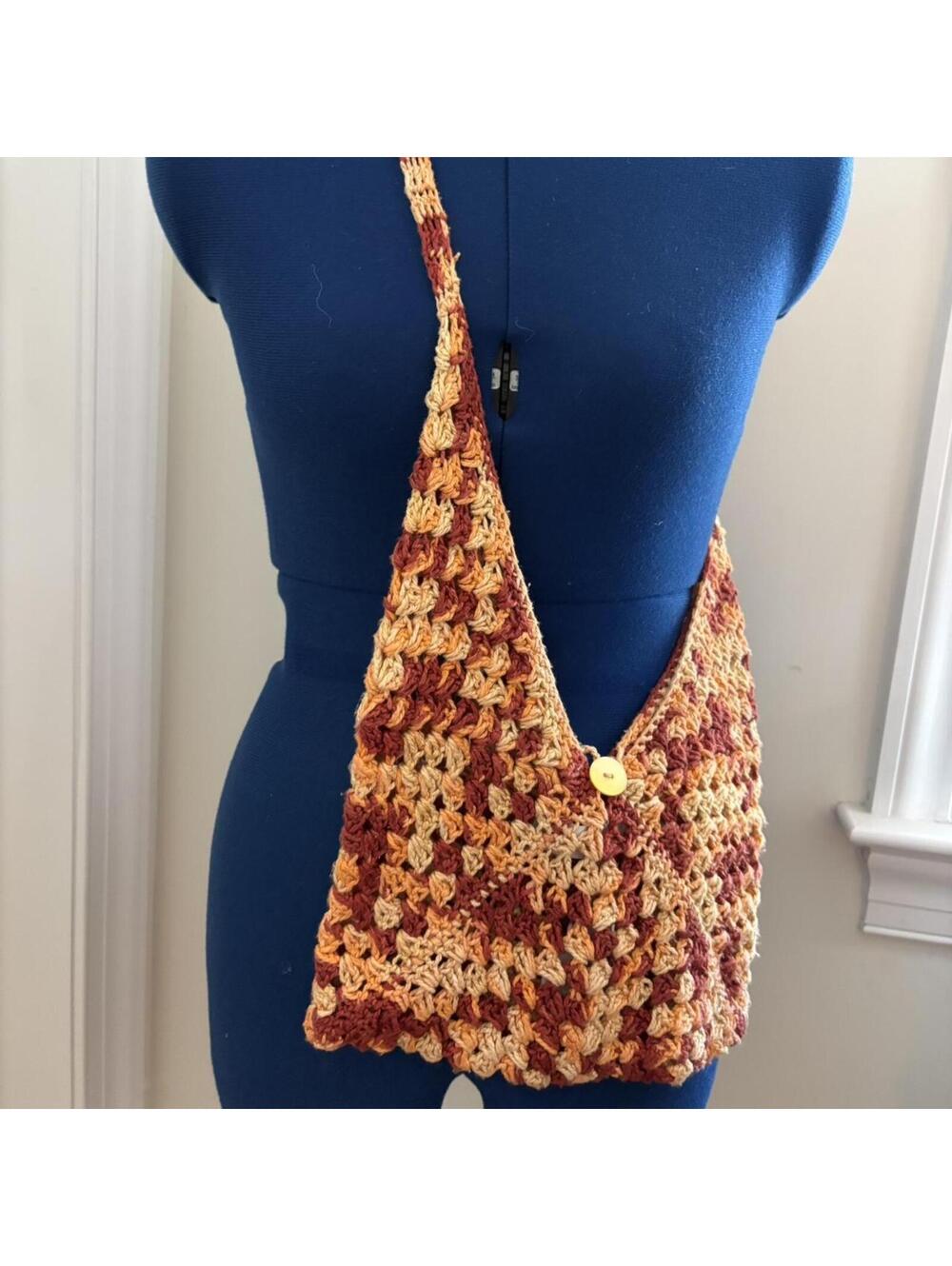 Handmade Lightweight Crochet Red, Orange, & Yellow Recycled Silk Envelope Bag.